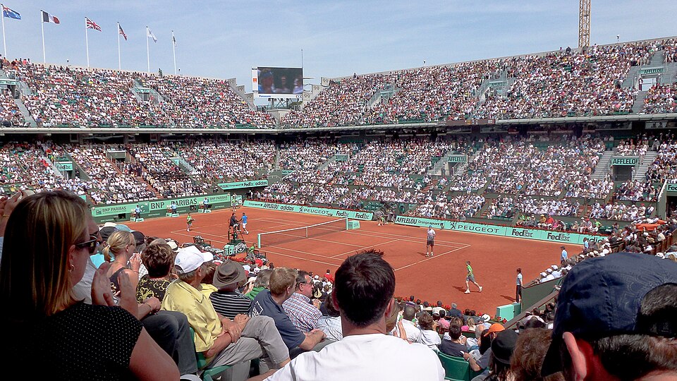 Court Philippe Chatrier at Roland-Garros during a tennis match.