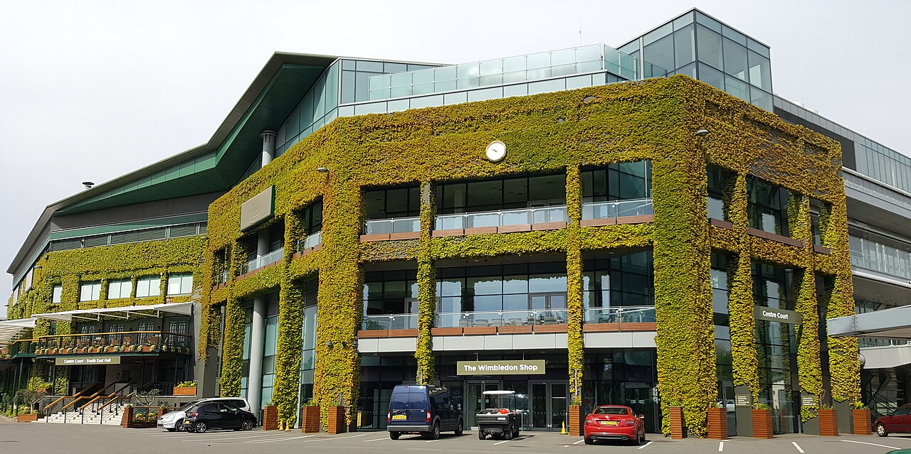 Centre Court at the All England Lawn Tennis and Croquet Club viewed from Church Road.